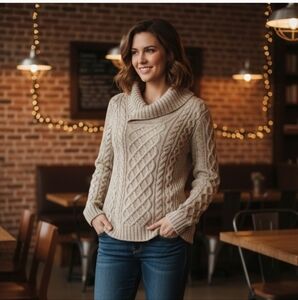 Silk & Cashmere Shawl Neck Fisherman's Cable Knit Sweater Beige Women's Medium